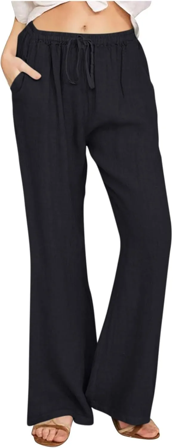 Women's Linen Palazzo Pants Drawstring Summer High Waisted Trousers Casual Loose Wide Leg Dress Pants with Pockets