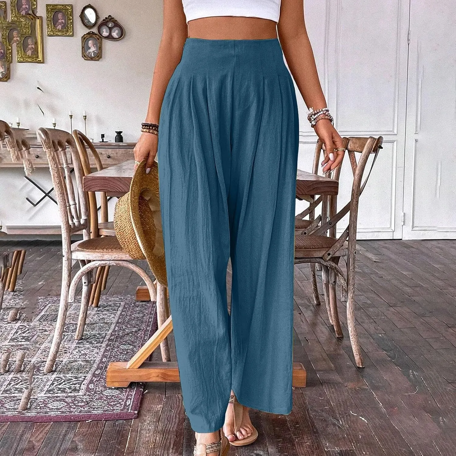 Women's Linen Palazzo Pants Summer Casual Vacation High Waist Wide Leg Trousers Trendy Pleated Beach Lounge Pant 2025