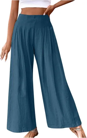 Women's Linen Palazzo Pants Summer Casual Vacation High Waist Wide Leg Trousers Trendy Pleated Beach Lounge Pant 2025