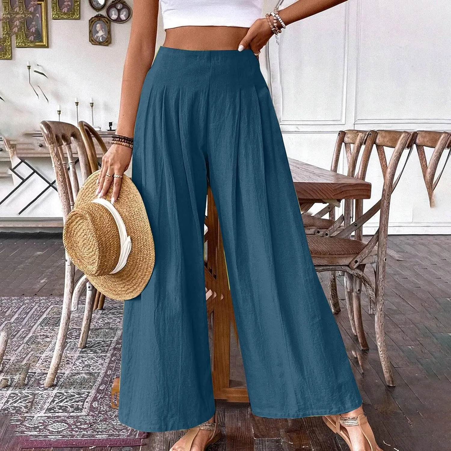 Women's Linen Palazzo Pants Summer Casual Vacation High Waist Wide Leg Trousers Trendy Pleated Beach Lounge Pant 2025