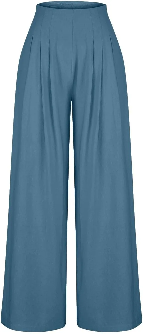 Women's Linen Palazzo Pants Summer Casual Vacation High Waist Wide Leg Trousers Trendy Pleated Beach Lounge Pant 2025