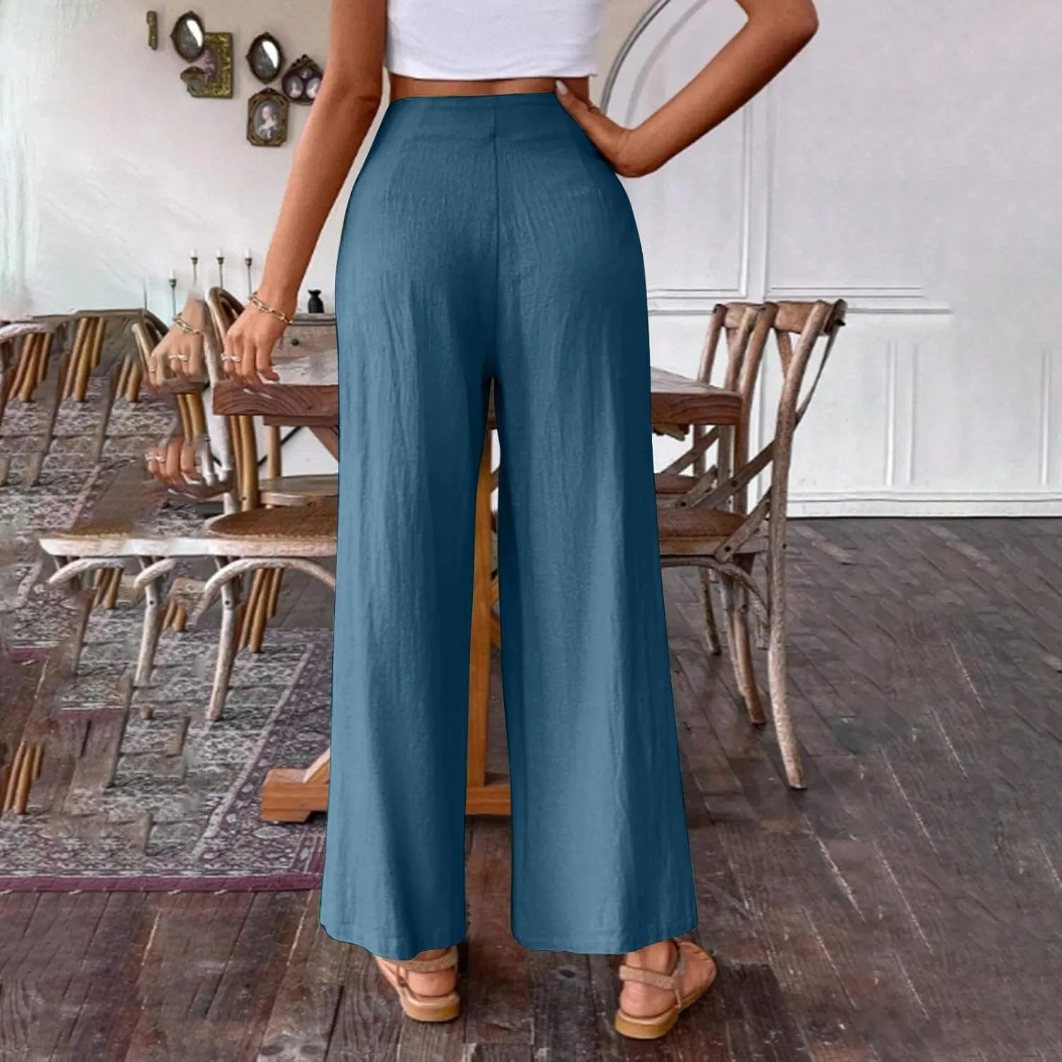 Women's Linen Palazzo Pants Summer Casual Vacation High Waist Wide Leg Trousers Trendy Pleated Beach Lounge Pant 2025