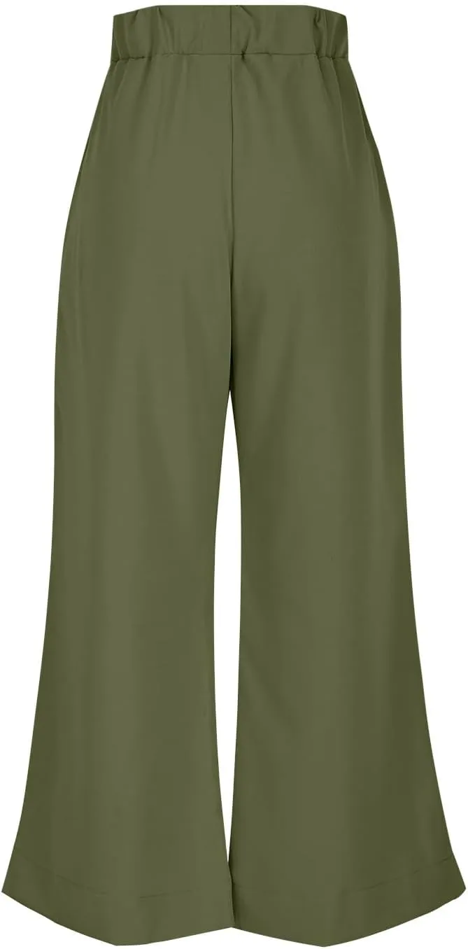 Women's Linen Palazzo Pants Summer High Waisted Boho Wide Leg Long Lounge Pant Side Split Beach Trousers with Pockets