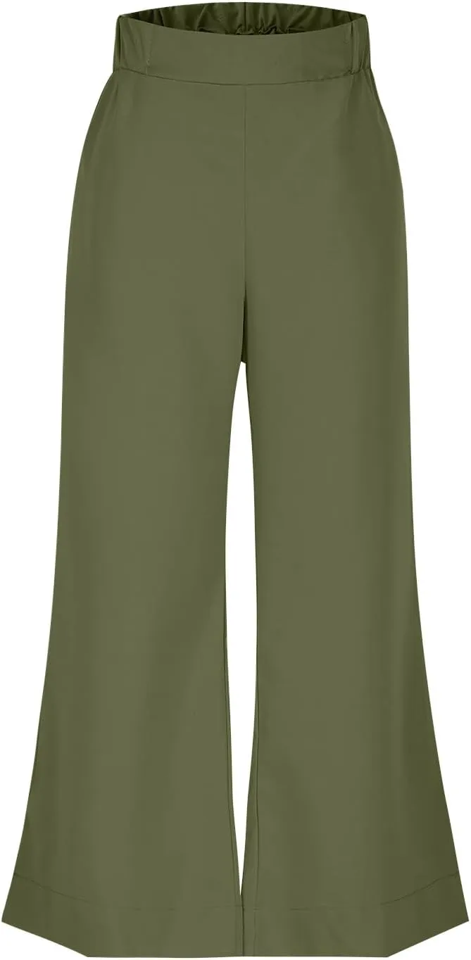 Women's Linen Palazzo Pants Summer High Waisted Boho Wide Leg Long Lounge Pant Side Split Beach Trousers with Pockets