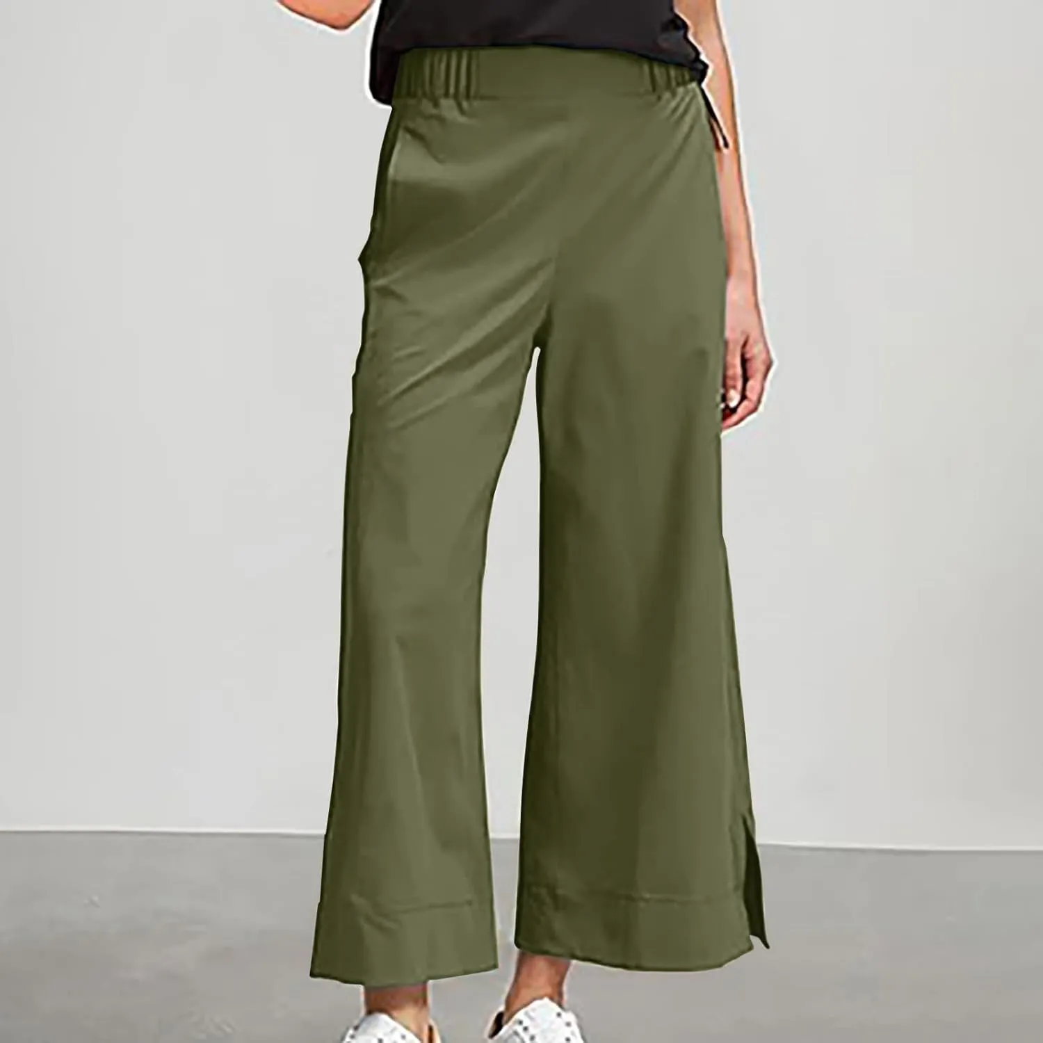 Women's Linen Palazzo Pants Summer High Waisted Boho Wide Leg Long Lounge Pant Side Split Beach Trousers with Pockets