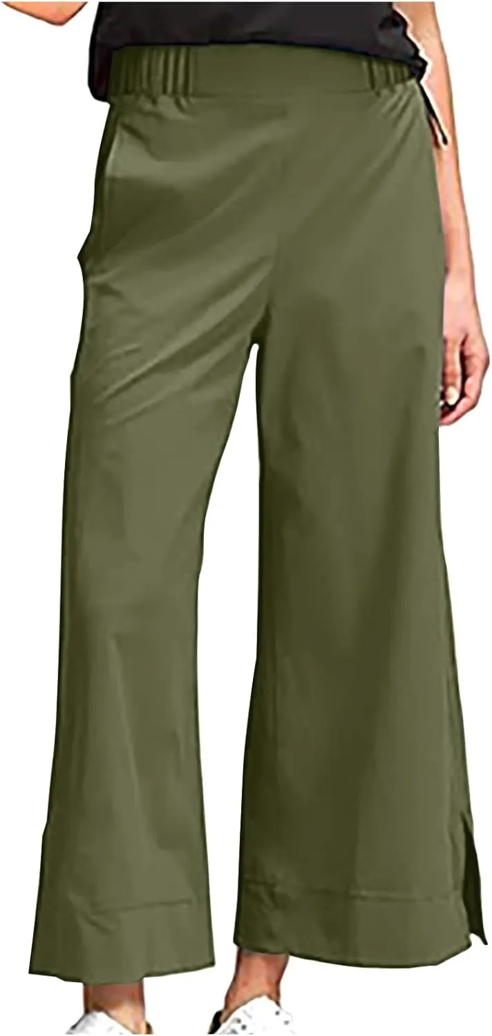 Women's Linen Palazzo Pants Summer High Waisted Boho Wide Leg Long Lounge Pant Side Split Beach Trousers with Pockets