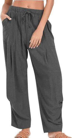 Womens Linen Pants Wide Leg High Waisted Drawstring Casual Loose Trousers Trendy Side Ruched Beach Bottoms with Pocket