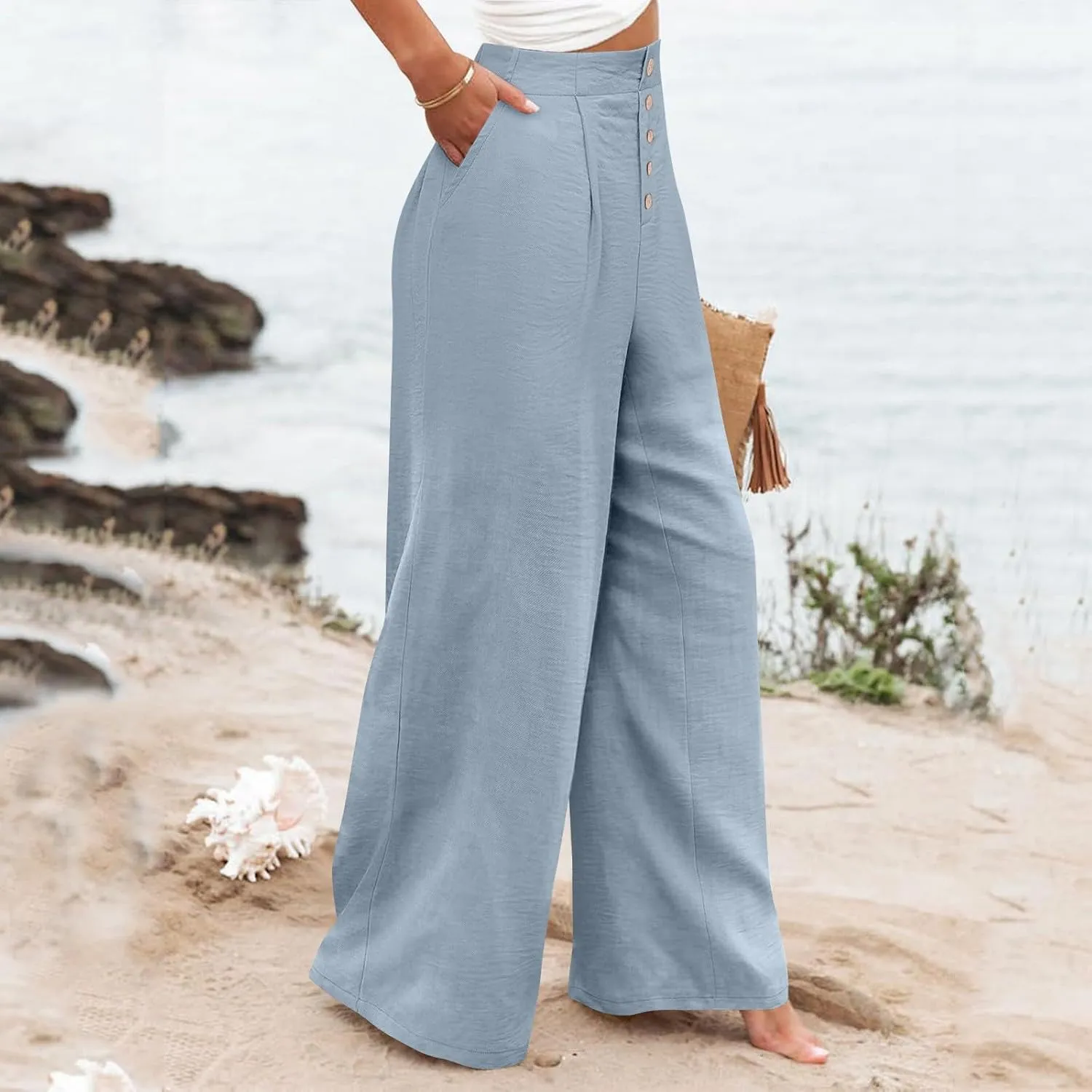 Womens Linen Wide Leg Pants Casual Elastic High Waisted Button Beach Pants Cotton Baggy Trousers with Pockets