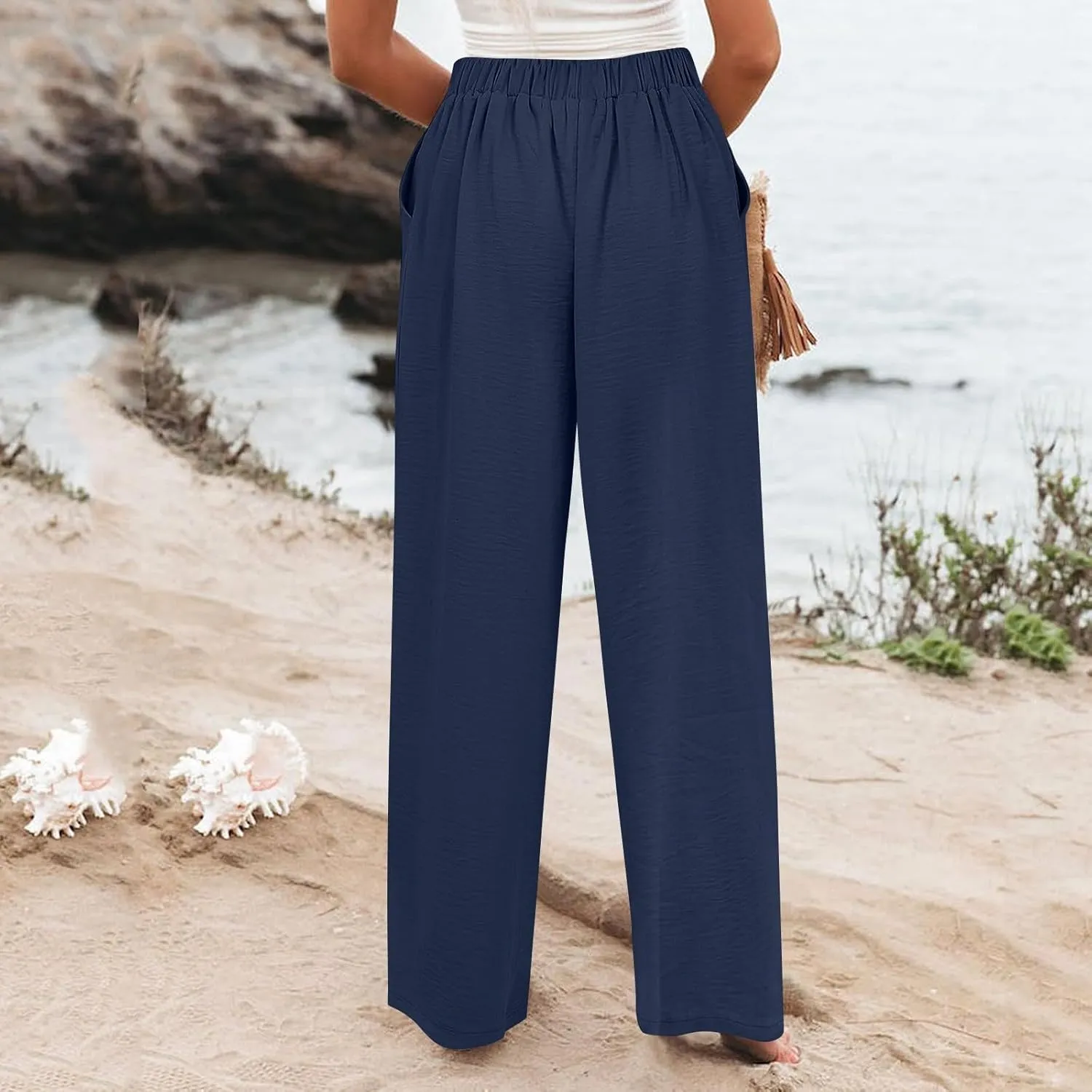 Womens Linen Wide Leg Pants Casual Elastic High Waisted Button Beach Pants Cotton Baggy Trousers with Pockets