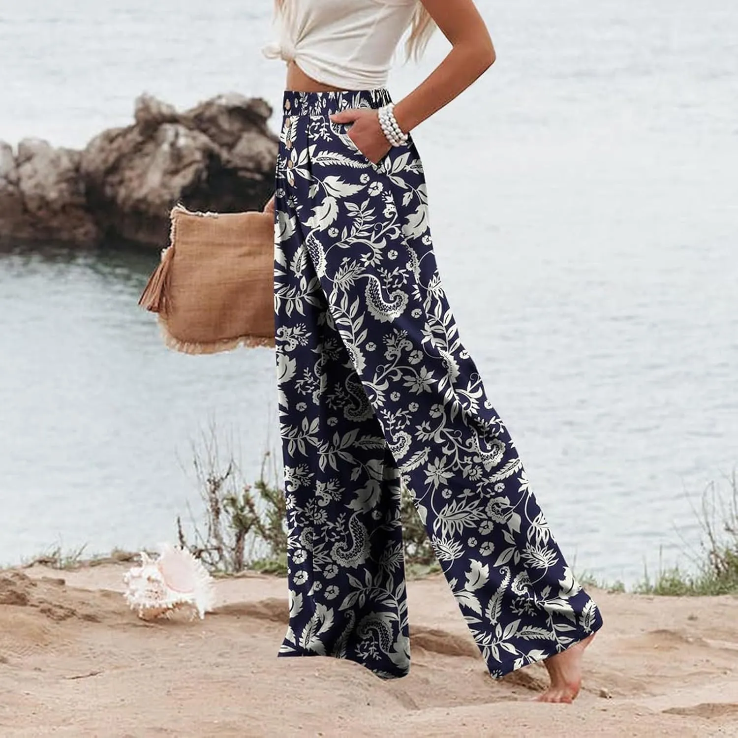 Womens Linen Wide Leg Pants Casual Elastic High Waisted Button Beach Pants Cotton Baggy Trousers with Pockets