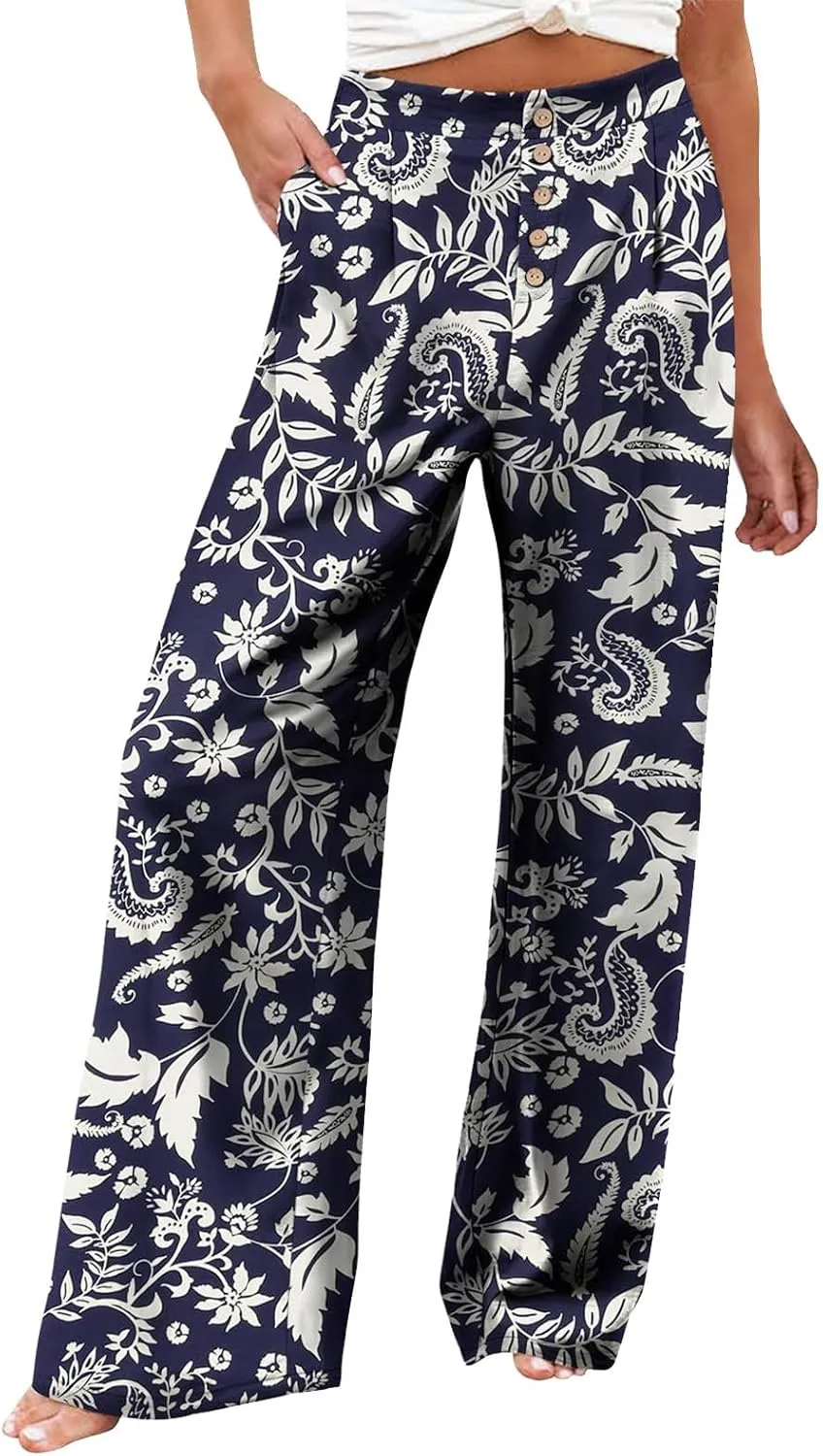 Womens Linen Wide Leg Pants Casual Elastic High Waisted Button Beach Pants Cotton Baggy Trousers with Pockets