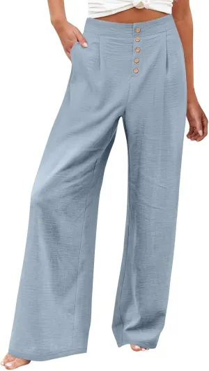 Womens Linen Wide Leg Pants Casual Elastic High Waisted Button Beach Pants Cotton Baggy Trousers with Pockets