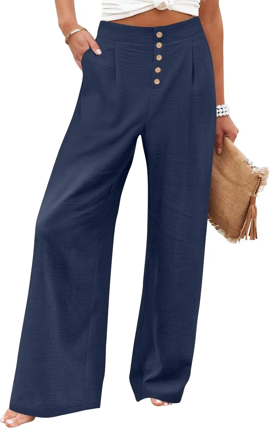 Womens Linen Wide Leg Pants Casual Elastic High Waisted Button Beach Pants Cotton Baggy Trousers with Pockets