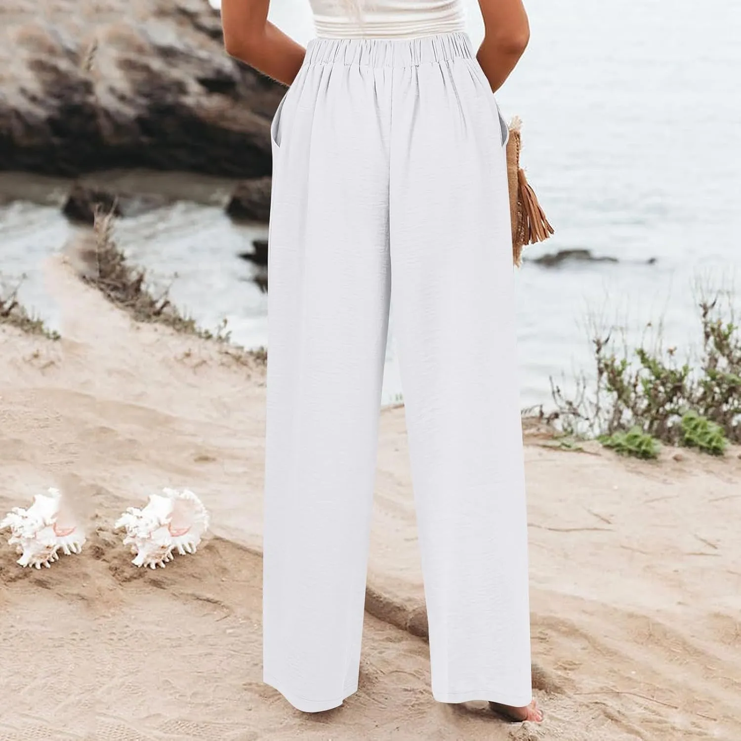 Womens Linen Wide Leg Pants Casual Elastic High Waisted Button Beach Pants Cotton Baggy Trousers with Pockets
