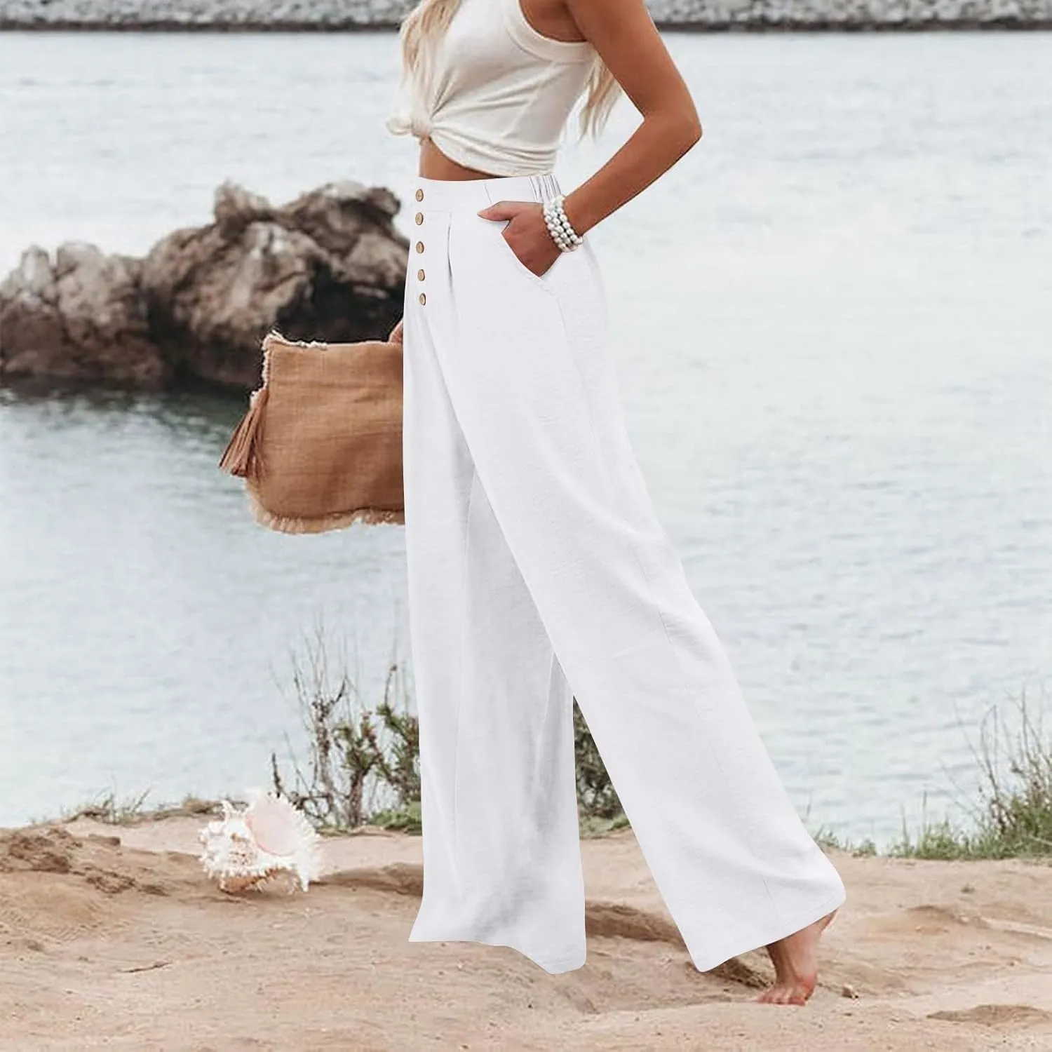 Womens Linen Wide Leg Pants Casual Elastic High Waisted Button Beach Pants Cotton Baggy Trousers with Pockets