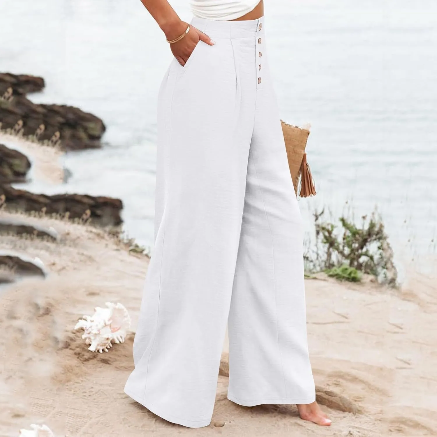 Womens Linen Wide Leg Pants Casual Elastic High Waisted Button Beach Pants Cotton Baggy Trousers with Pockets