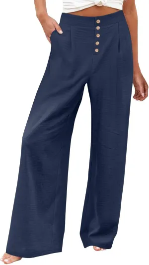Womens Linen Wide Leg Pants Casual Elastic High Waisted Button Beach Pants Cotton Baggy Trousers with Pockets