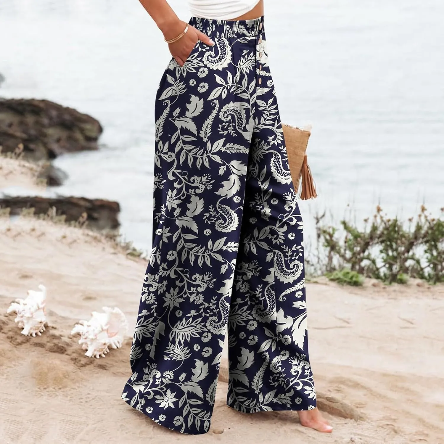 Womens Linen Wide Leg Pants Casual Elastic High Waisted Button Beach Pants Cotton Baggy Trousers with Pockets