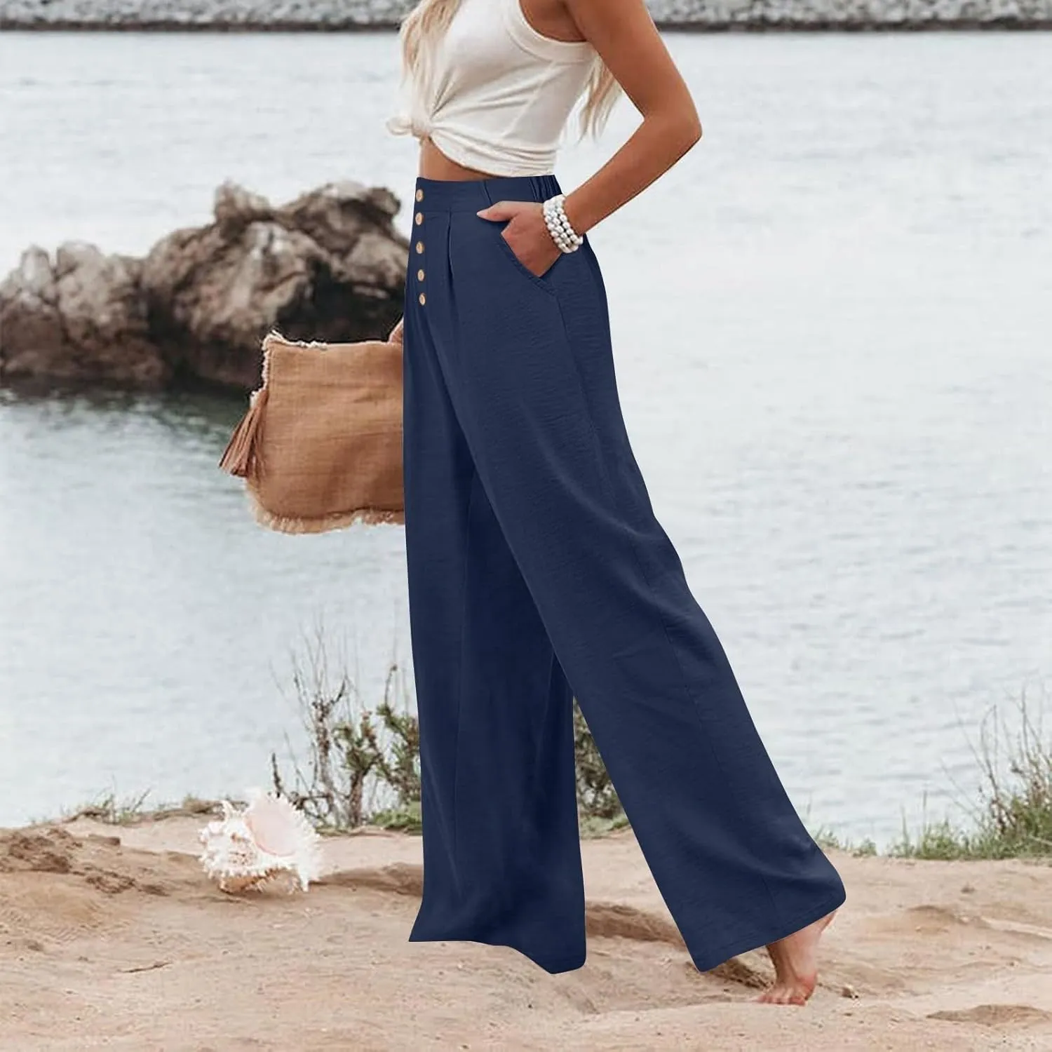 Womens Linen Wide Leg Pants Casual Elastic High Waisted Button Beach Pants Cotton Baggy Trousers with Pockets