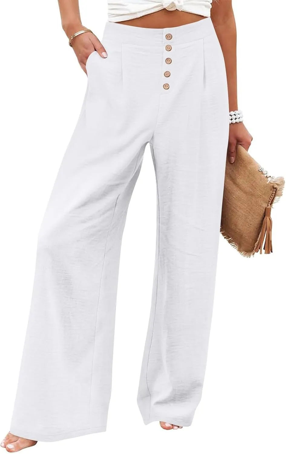 Womens Linen Wide Leg Pants Casual Elastic High Waisted Button Beach Pants Cotton Baggy Trousers with Pockets