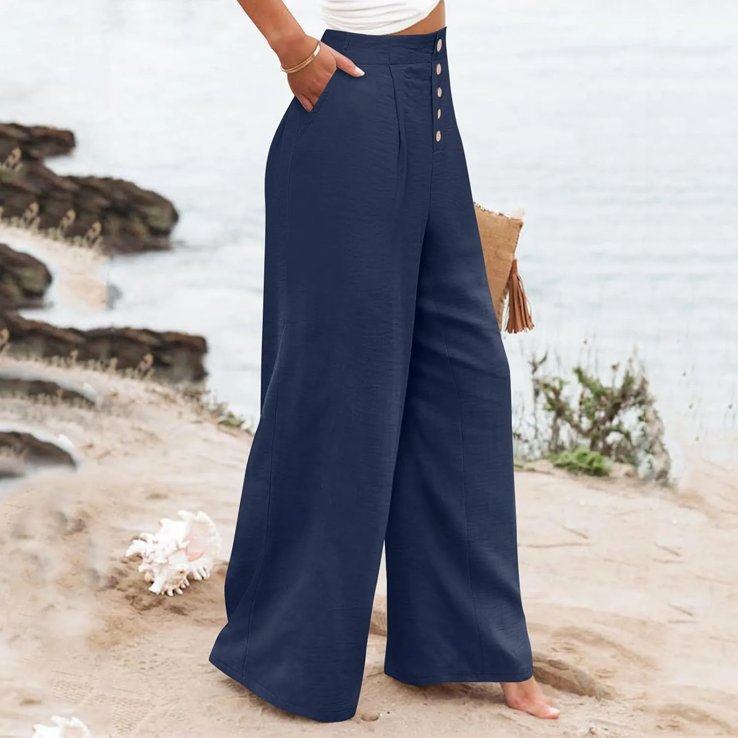 Womens Linen Wide Leg Pants Casual Elastic High Waisted Button Beach Pants Cotton Baggy Trousers with Pockets