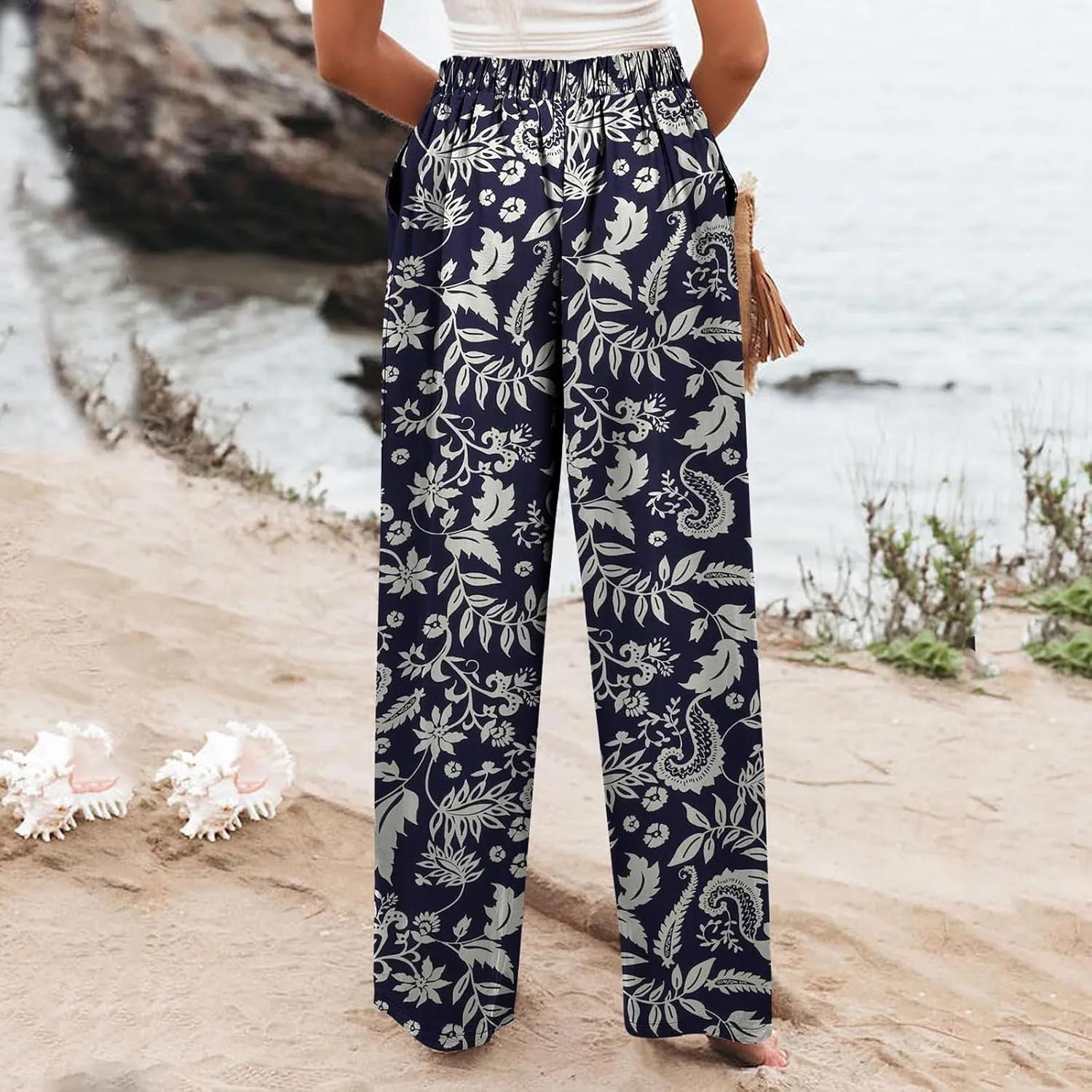 Womens Linen Wide Leg Pants Casual Elastic High Waisted Button Beach Pants Cotton Baggy Trousers with Pockets