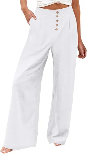 Womens Linen Wide Leg Pants Casual Elastic High Waisted Button Beach Pants Cotton Baggy Trousers with Pockets