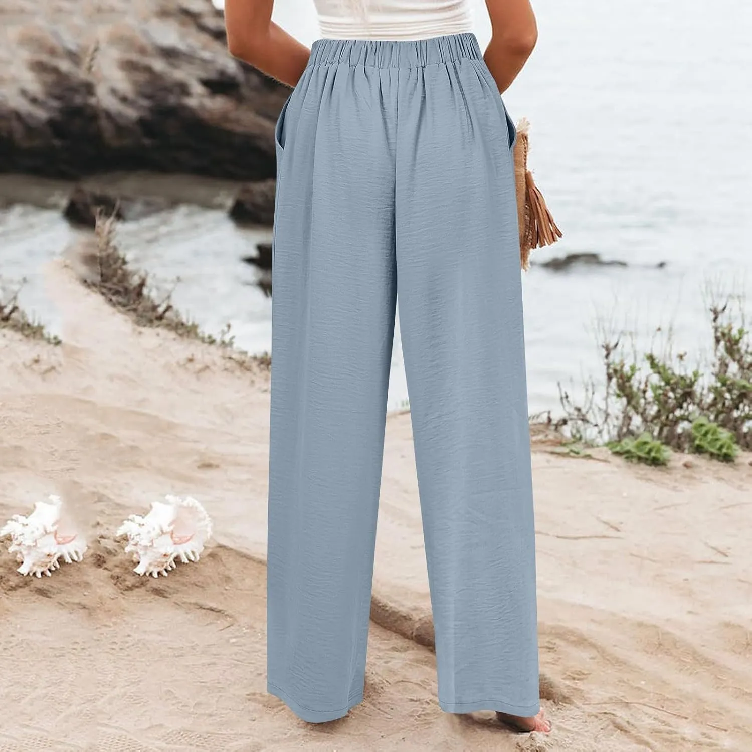 Womens Linen Wide Leg Pants Casual Elastic High Waisted Button Beach Pants Cotton Baggy Trousers with Pockets