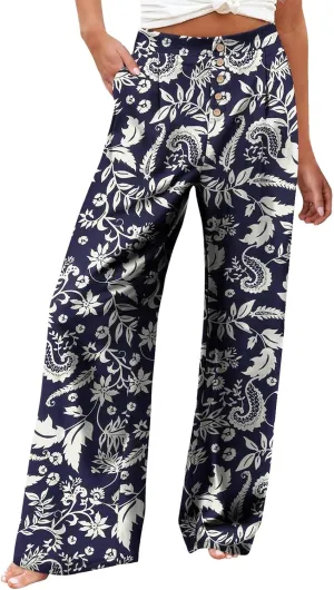 Womens Linen Wide Leg Pants Casual Elastic High Waisted Button Beach Pants Cotton Baggy Trousers with Pockets