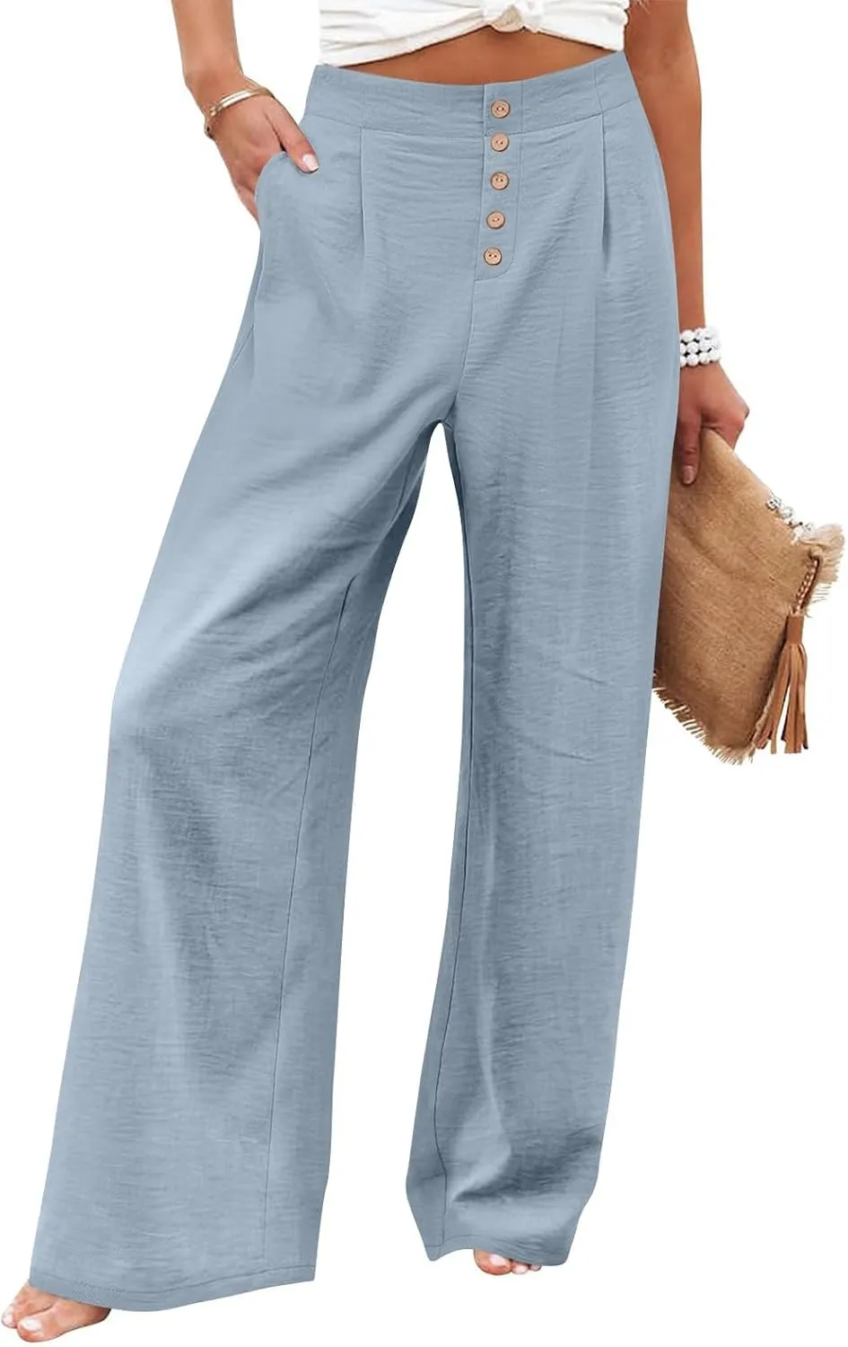 Womens Linen Wide Leg Pants Casual Elastic High Waisted Button Beach Pants Cotton Baggy Trousers with Pockets