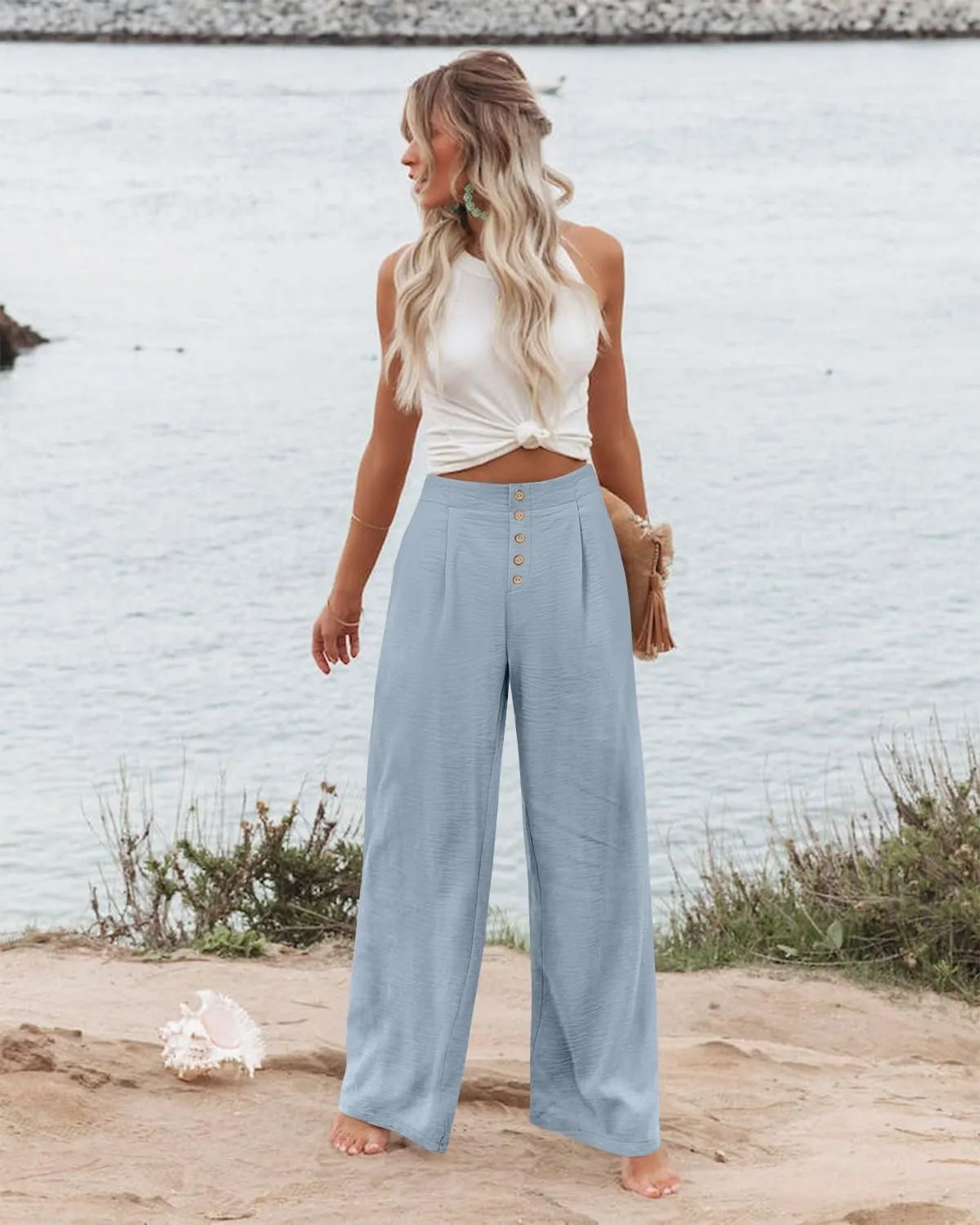 Womens Linen Wide Leg Pants Casual Elastic High Waisted Button Beach Pants Cotton Baggy Trousers with Pockets