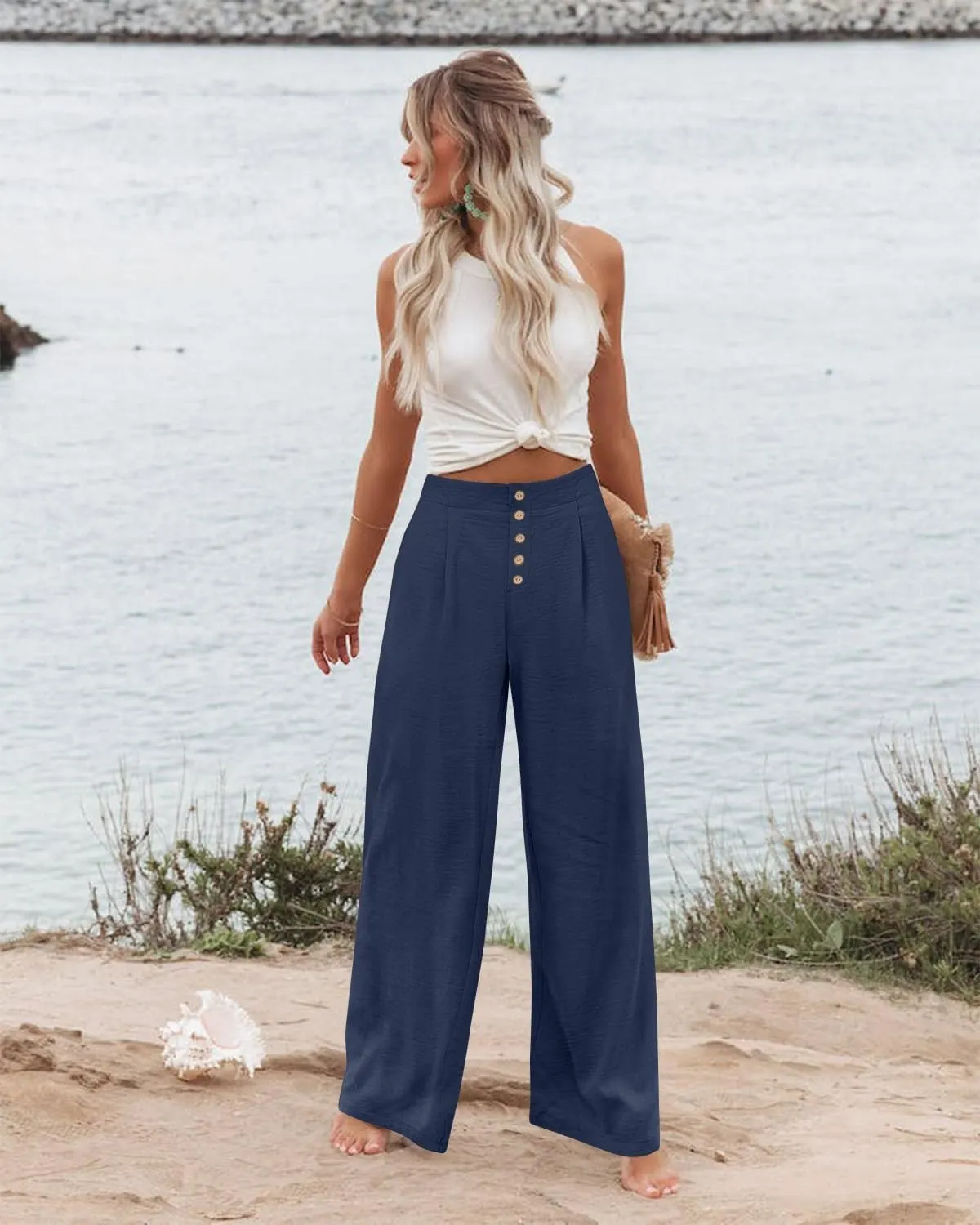 Womens Linen Wide Leg Pants Casual Elastic High Waisted Button Beach Pants Cotton Baggy Trousers with Pockets