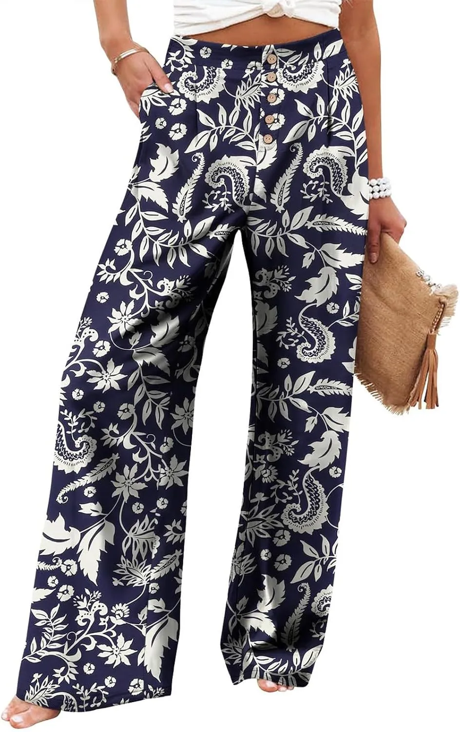 Womens Linen Wide Leg Pants Casual Elastic High Waisted Button Beach Pants Cotton Baggy Trousers with Pockets