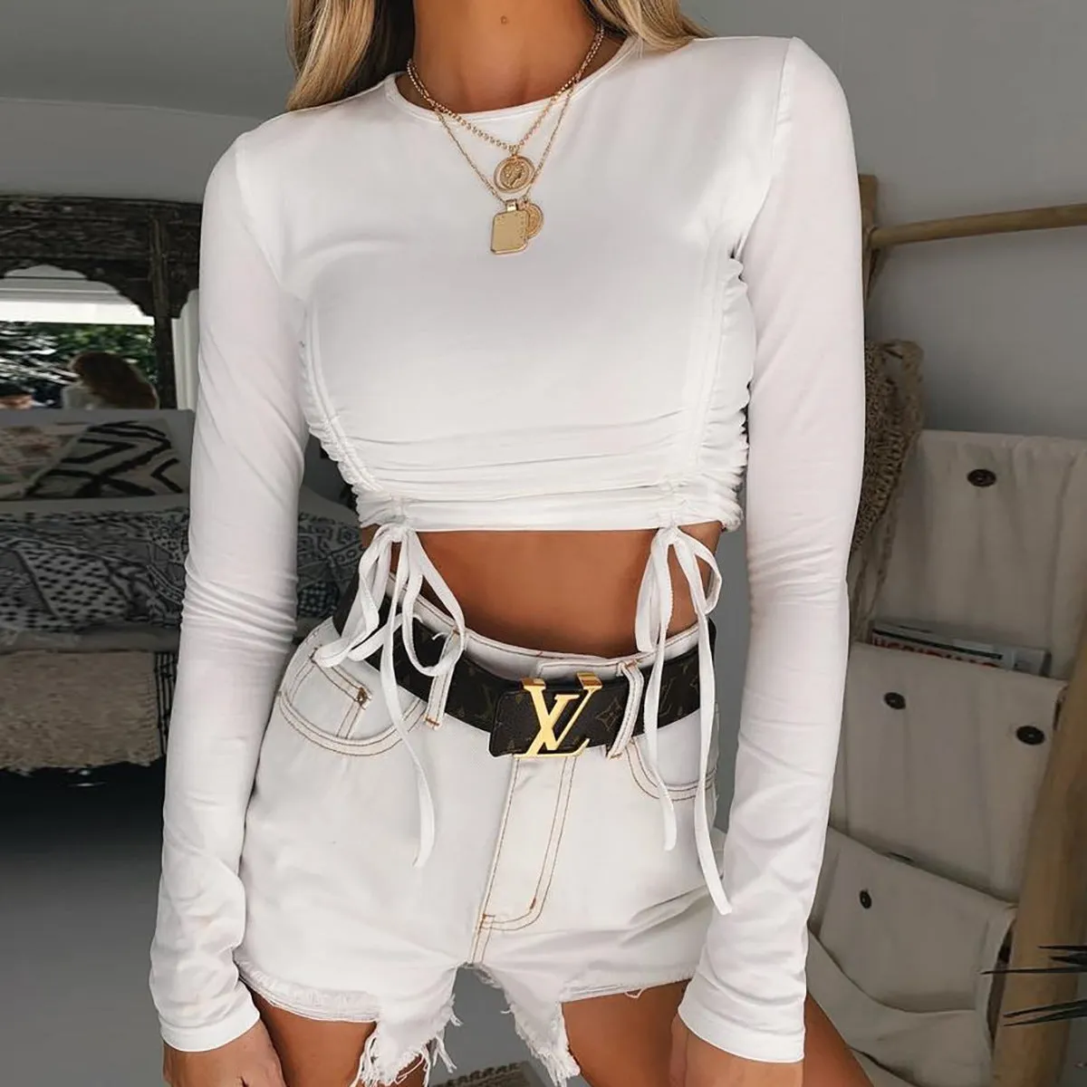 Women's Long Sleeve Drawstring Crop Top