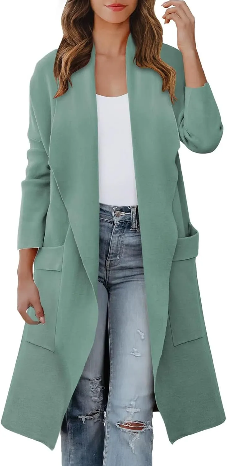 Womens Long Trench Coat Lapel Cardigan Sweater Casual Long Sleeve Draped Open Front Knit Oversized Pea Coat Blazers Jacket
