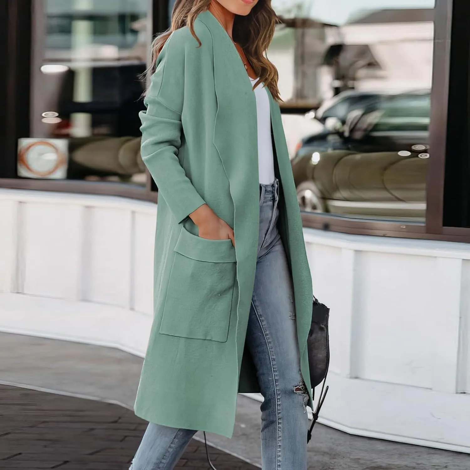 Womens Long Trench Coat Lapel Cardigan Sweater Casual Long Sleeve Draped Open Front Knit Oversized Pea Coat Blazers Jacket