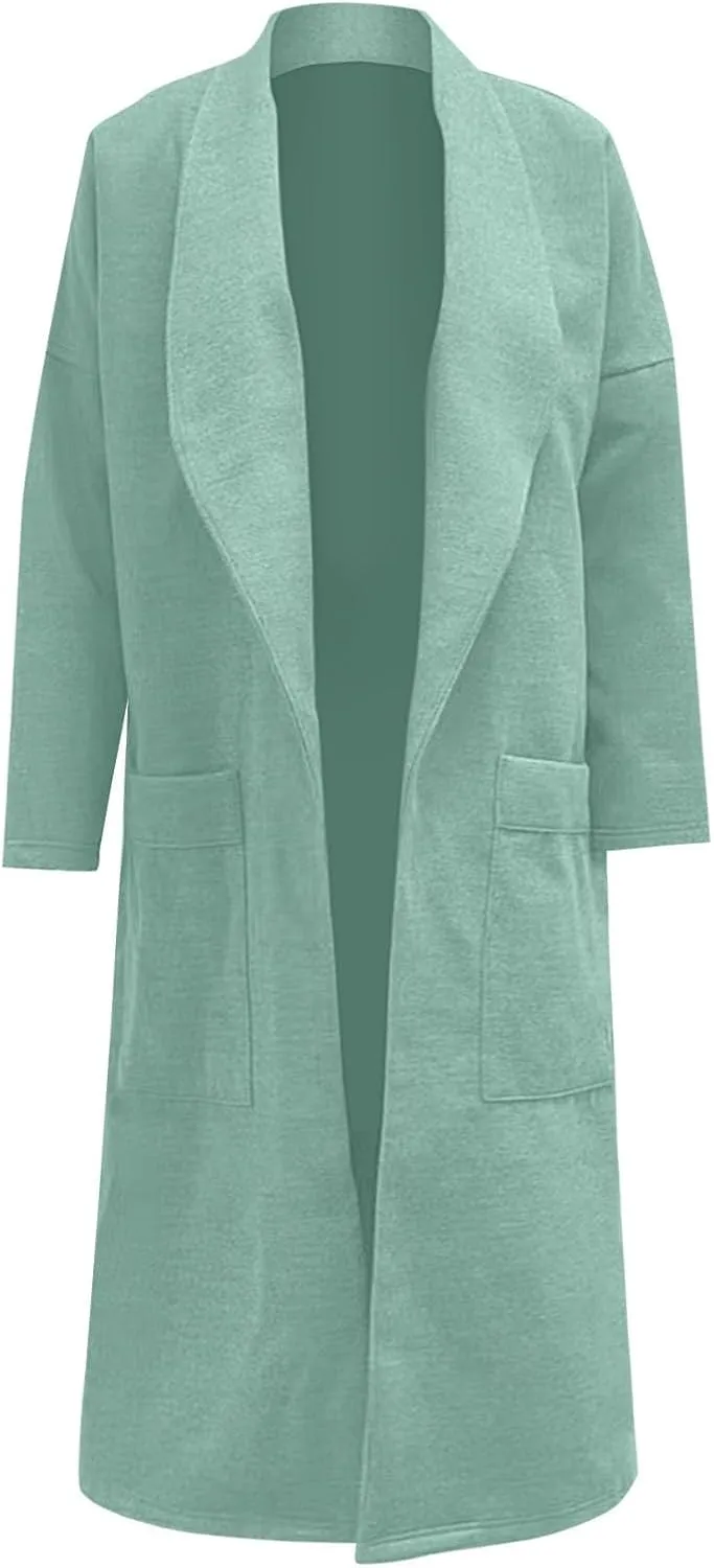 Womens Long Trench Coat Lapel Cardigan Sweater Casual Long Sleeve Draped Open Front Knit Oversized Pea Coat Blazers Jacket