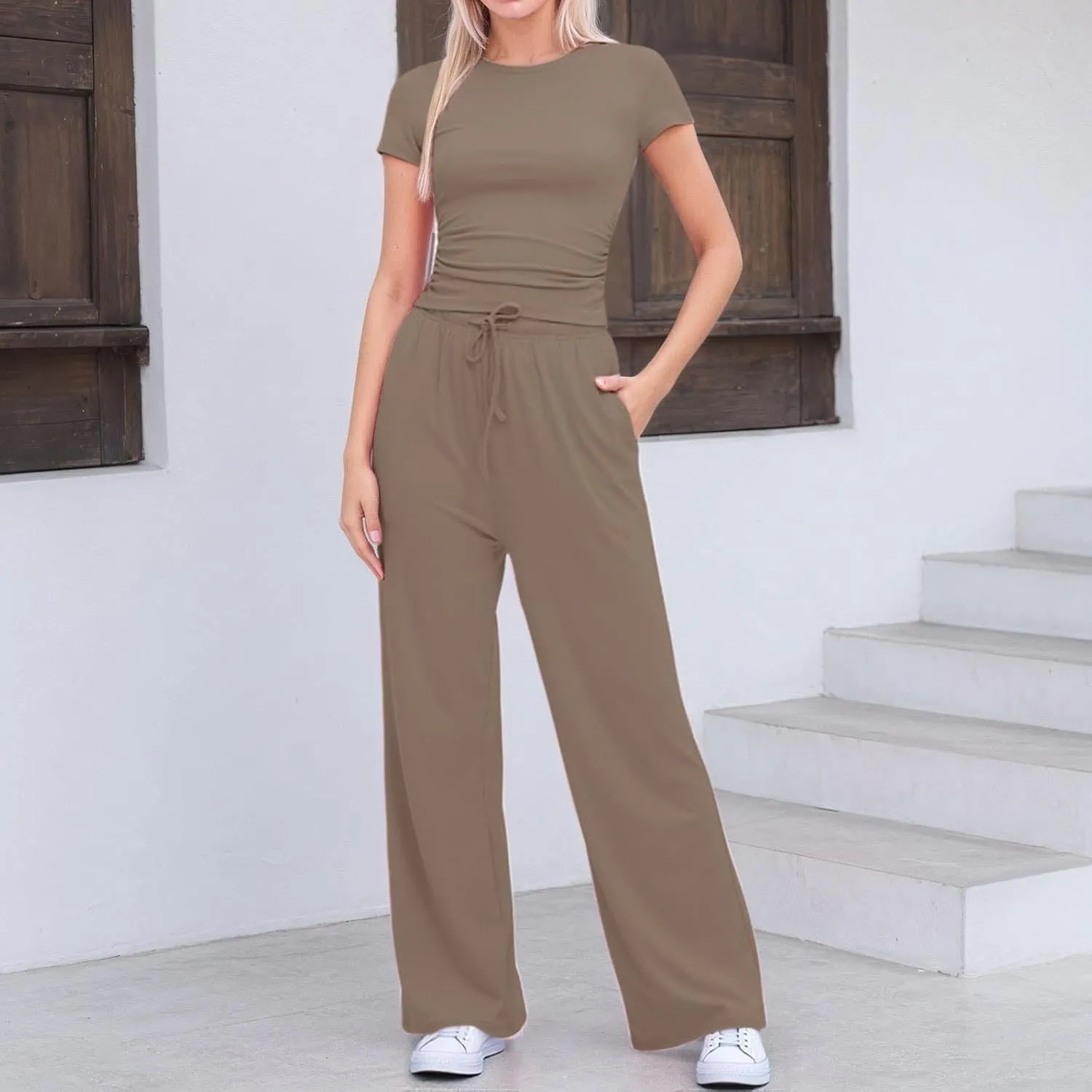 Women's Lounge Set 2-Piece Summer Ruched Crop Top & High-Waisted Wide-Leg Pocket Pants Comfy Tracksuit Loungewear