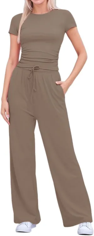 Women's Lounge Set 2-Piece Summer Ruched Crop Top & High-Waisted Wide-Leg Pocket Pants Comfy Tracksuit Loungewear