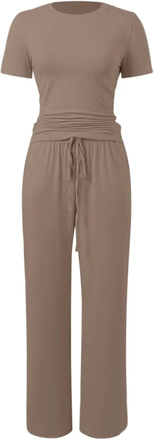 Women's Lounge Set 2-Piece Summer Ruched Crop Top & High-Waisted Wide-Leg Pocket Pants Comfy Tracksuit Loungewear