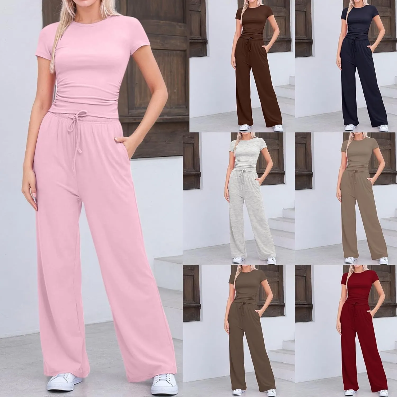 Women's Lounge Set 2-Piece Summer Ruched Crop Top & High-Waisted Wide-Leg Pocket Pants Comfy Tracksuit Loungewear