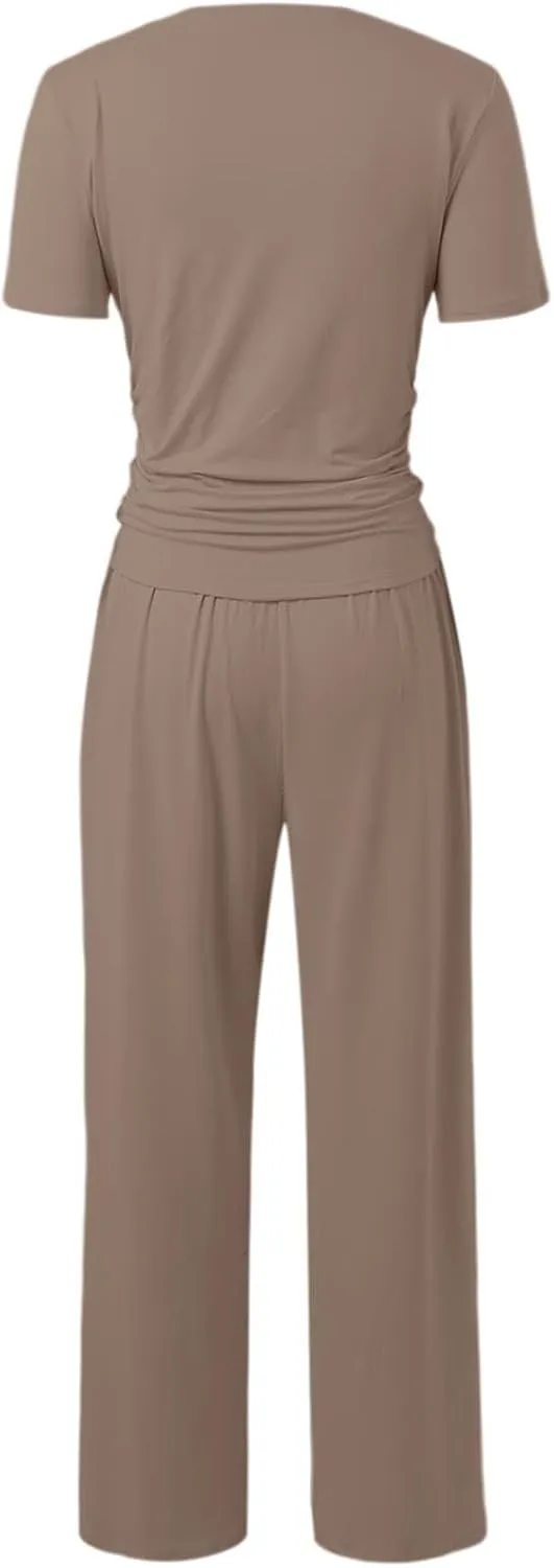 Women's Lounge Set 2-Piece Summer Ruched Crop Top & High-Waisted Wide-Leg Pocket Pants Comfy Tracksuit Loungewear
