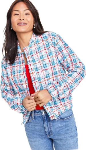 Women's Metallic Tweed Bomber Jacket Sky Blue Combo S