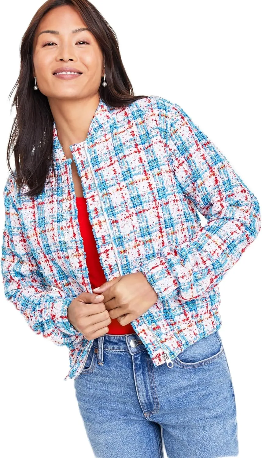 Women's Metallic Tweed Bomber Jacket Sky Blue Combo S