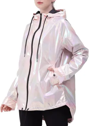 Womens Metallic Zip Up Club Hoodies Jacket Hooded Shiny Drawstring Windbreaker Zipper Rain Jacket