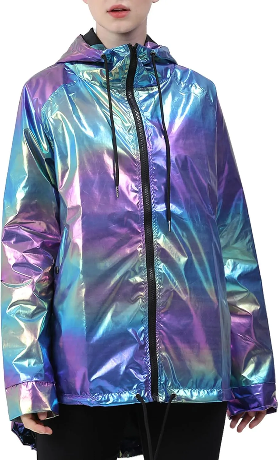 Womens Metallic Zip Up Club Hoodies Jacket Hooded Shiny Drawstring Windbreaker Zipper Rain Jacket