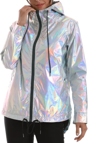 Womens Metallic Zip Up Club Hoodies Jacket Hooded Shiny Drawstring Windbreaker Zipper Rain Jacket