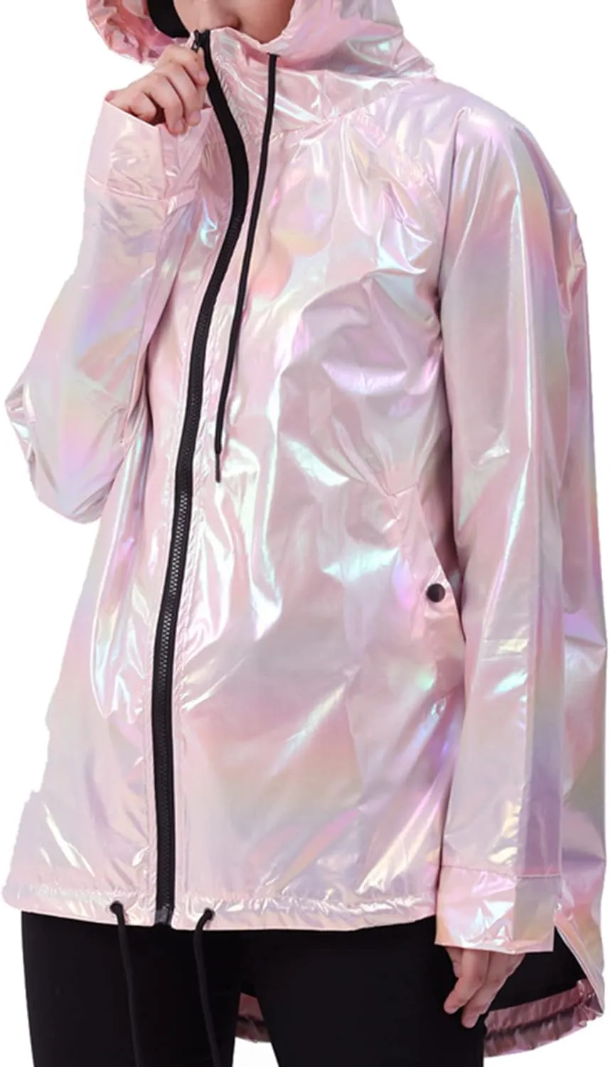 Womens Metallic Zip Up Club Hoodies Jacket Hooded Shiny Drawstring Windbreaker Zipper Rain Jacket