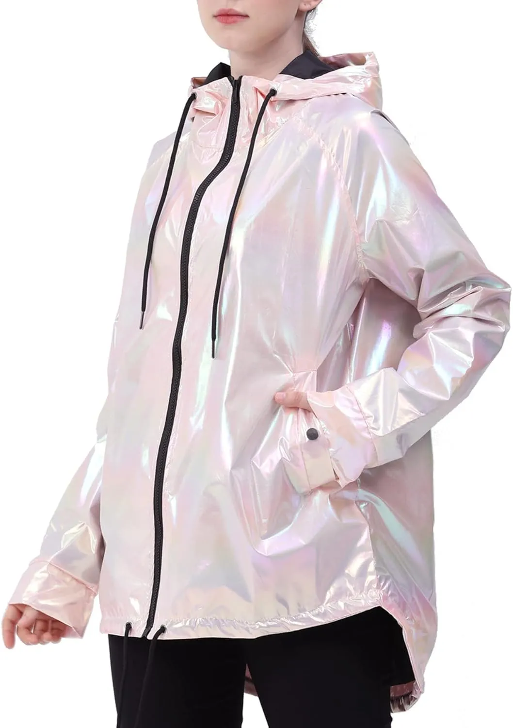 Womens Metallic Zip Up Club Hoodies Jacket Hooded Shiny Drawstring Windbreaker Zipper Rain Jacket