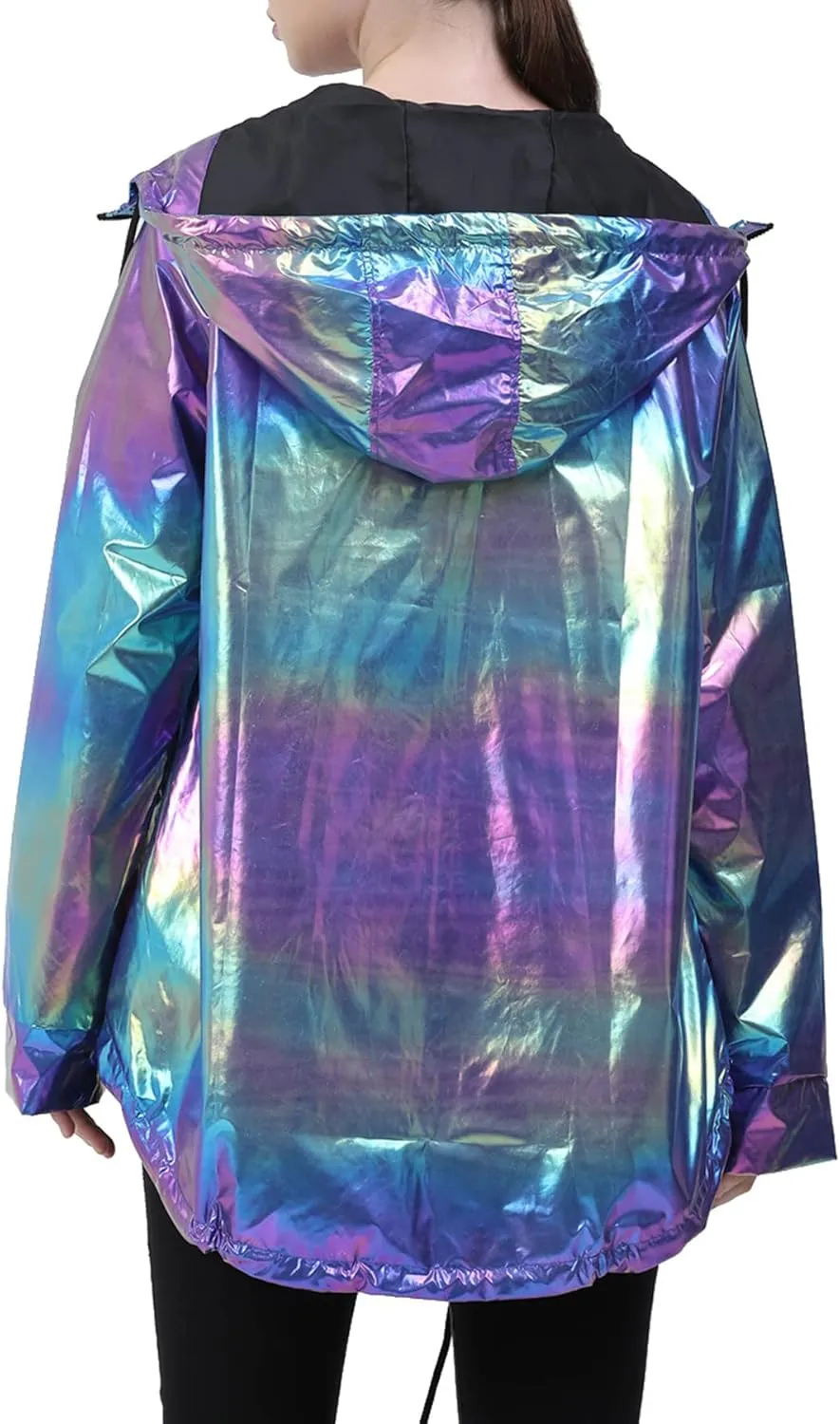 Womens Metallic Zip Up Club Hoodies Jacket Hooded Shiny Drawstring Windbreaker Zipper Rain Jacket